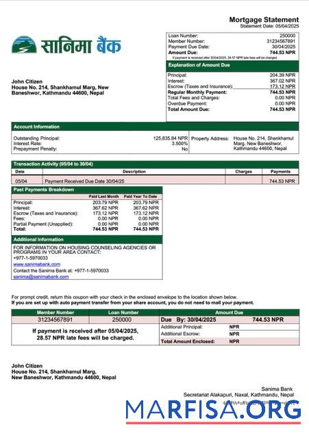 Printable Nepal Sanima Bank mortgage statement Word and PDF template
